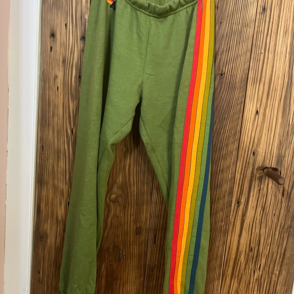 Aviator Nation green rainbow Stripe joggers with bonus lightning bolt sweatshirt